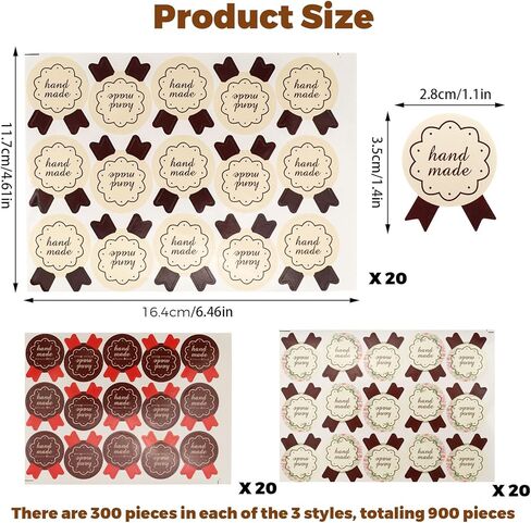 900 Handmade Stickers, 3 Styles, 300pcs Each, 2.8x3.5cm/1.1x1.4in, Paper, Rectangular, Perfect for Baked Goods Packaging in Saudi Arabia