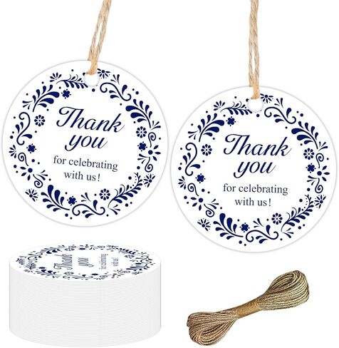 50Pcs Talavera Thank You Tags Blue White Papel Picado Gift Tags Fiesta Party Favor Tag with String for Mexican Theme Birthday Party Baby Shower Wedding Cinco De Mayo Fiesta Supplies in Saudi Arabia