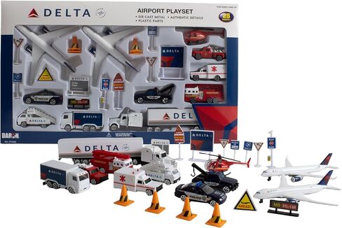 Daron Delta Airport 25-Piece Die-Cast Metal and Plastic Airplanes, Vehicles, and Accessories Playset Toy and Collectible for Ages 3+ in Saudi Arabia