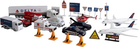 Daron Delta Airport 25-Piece Die-Cast Metal and Plastic Airplanes, Vehicles, and Accessories Playset Toy and Collectible for Ages 3+ in Saudi Arabia