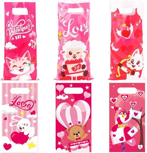 DIYASY 48 Pcs Valentine’s Day Plastic Gift Treat Bags, Small Candy Bags with Handle for Kids Pink Red Heart Valentine Bag Wedding Party Favor Classroom Gift Exchange in Saudi Arabia