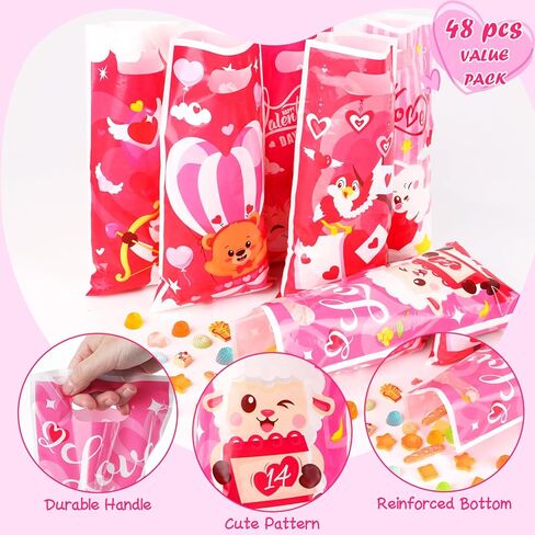 DIYASY 48 Pcs Valentine’s Day Plastic Gift Treat Bags, Small Candy Bags with Handle for Kids Pink Red Heart Valentine Bag Wedding Party Favor Classroom Gift Exchange in Saudi Arabia