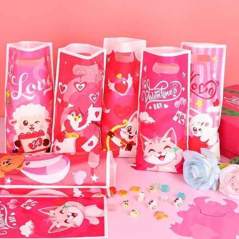 DIYASY 48 Pcs Valentine’s Day Plastic Gift Treat Bags, Small Candy Bags with Handle for Kids Pink Red Heart Valentine Bag Wedding Party Favor Classroom Gift Exchange in Saudi Arabia