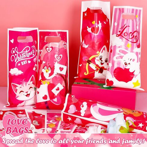 DIYASY 48 Pcs Valentine’s Day Plastic Gift Treat Bags, Small Candy Bags with Handle for Kids Pink Red Heart Valentine Bag Wedding Party Favor Classroom Gift Exchange in Saudi Arabia