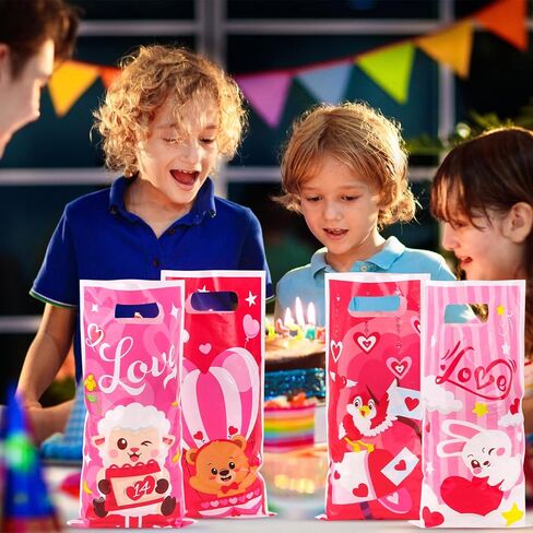 DIYASY 48 Pcs Valentine’s Day Plastic Gift Treat Bags, Small Candy Bags with Handle for Kids Pink Red Heart Valentine Bag Wedding Party Favor Classroom Gift Exchange in Saudi Arabia