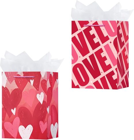 OFIHANLY 2 Pack 12.6" Medium Size Happy Valentine's Day Gift Bags with Handles for Women Her Pink Love&Heart Heart Paper Gift Wrap Bags with Tissue Paper for Kids in Kuwait