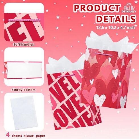 OFIHANLY 2 Pack 12.6" Medium Size Happy Valentine's Day Gift Bags with Handles for Women Her Pink Love&Heart Heart Paper Gift Wrap Bags with Tissue Paper for Kids in Kuwait