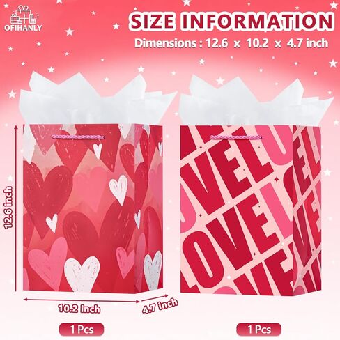 OFIHANLY 2 Pack 12.6" Medium Size Happy Valentine's Day Gift Bags with Handles for Women Her Pink Love&Heart Heart Paper Gift Wrap Bags with Tissue Paper for Kids in Kuwait