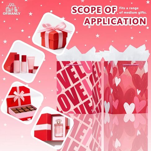 OFIHANLY 2 Pack 12.6" Medium Size Happy Valentine's Day Gift Bags with Handles for Women Her Pink Love&Heart Heart Paper Gift Wrap Bags with Tissue Paper for Kids in Kuwait