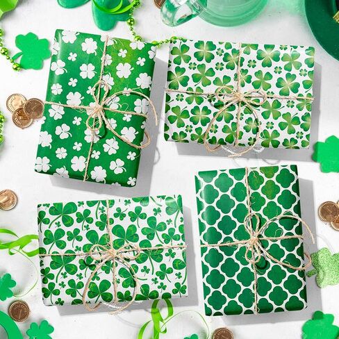 12 Sheets St. Patrick's Day Wrapping Paper Watercolor Shamrock Clover Gift Wrapping Paper Set 6 Stripes Polka Dots Designs St. Patrick‘s Day Gift Wrap for Irish Themed Holiday Crafts DIY Gift Packing,20x27in in Saudi Arabia