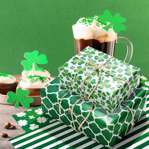 12 Sheets St. Patrick's Day Wrapping Paper Watercolor Shamrock Clover Gift Wrapping Paper Set 6 Stripes Polka Dots Designs St. Patrick‘s Day Gift Wrap for Irish Themed Holiday Crafts DIY Gift Packing,20x27in in Saudi Arabia