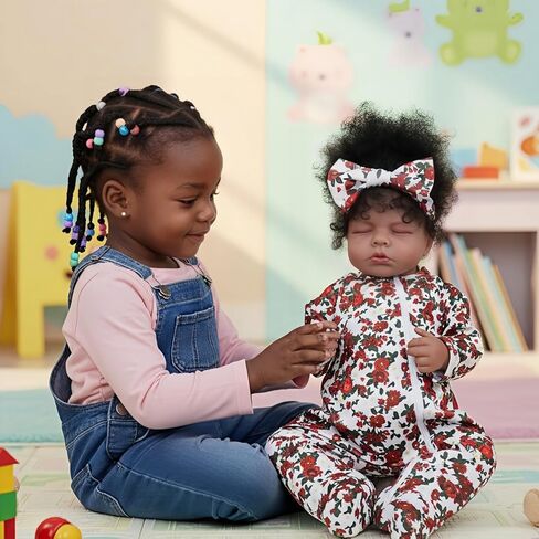 18 Inch Realistic Black Reborn Baby Doll – Sleeping African American Baby Girl Doll, Soft Cloth Body, Hand-Rooted Hair, Lifelike Newborn Doll for Kids & Collectors in Saudi Arabia