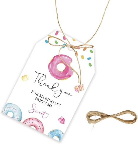 50pcs Donut Thank You Tags, Sweet One Gift Tag with String for Donut Themed Party, Thank You Paper Tags for Girl First Birthday/Two Sweet Birthday Party Favors in Saudi Arabia