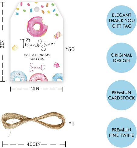50pcs Donut Thank You Tags, Sweet One Gift Tag with String for Donut Themed Party, Thank You Paper Tags for Girl First Birthday/Two Sweet Birthday Party Favors in Saudi Arabia
