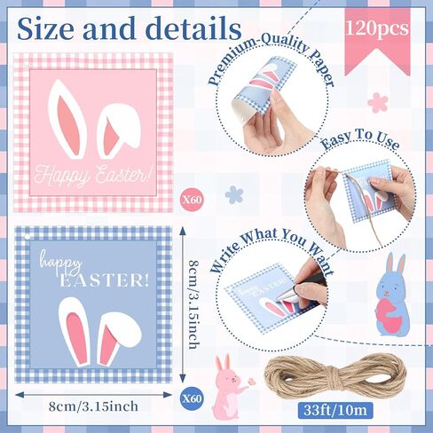 120 قطعة من علامات هدايا عيد الفصح السعيدة مع خيوط ملونة على شكل أرنب عيد الفصح، علامات ورقية معلقة، ملصقات اسم سلة أرنب لطيفة لتزيين العطلات، تزيين الربيع بنفسك، تغليف هدايا الحفلات in Kuwait