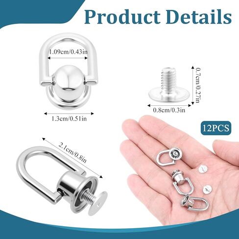 12Pcs D Ring Stud Screw Ball Head Buttons 360 Degree Rotatable D Rings for Purse Rotatable Ball Stud Metal Ring Metal Rivets for Leather Crossbody Conversion Craft Kit Bag Making Hardware Dog Buckles in Saudi Arabia
