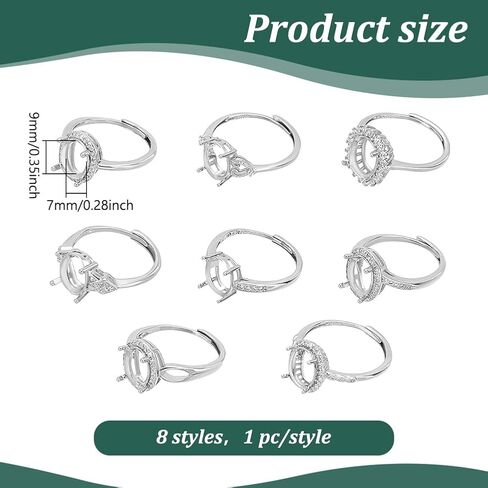 WEBEEDY 8 Styles Rhinestone Silver Ring Base Adjustable Blank Ring Setting for 7x9mm/0.28x0.35 Inch Oval Cabochons DIY Rings Jewelry Making Accessories Handmade Gift for Christmas Halloween Birthday in Saudi Arabia