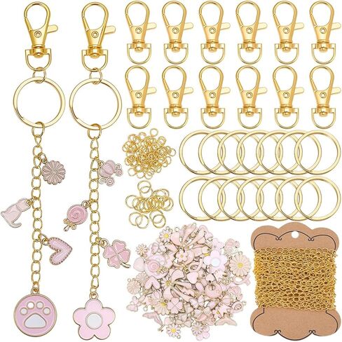 221Pcs Lip Gloss Keychain Making Kit 100 Pink Enamel Charms 16.4 Feet (5m) Gold Jewelry Chain with Key Ring Swivel Clasps for Women DIY Keychain Bag Charm Gift Accessories in Kuwait