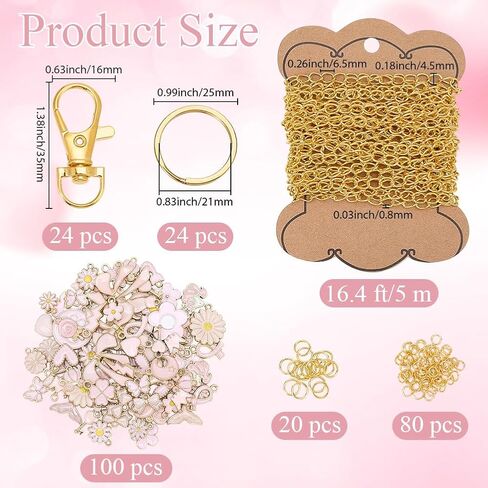 221Pcs Lip Gloss Keychain Making Kit 100 Pink Enamel Charms 16.4 Feet (5m) Gold Jewelry Chain with Key Ring Swivel Clasps for Women DIY Keychain Bag Charm Gift Accessories in Kuwait