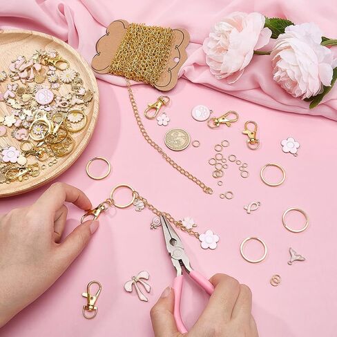 221Pcs Lip Gloss Keychain Making Kit 100 Pink Enamel Charms 16.4 Feet (5m) Gold Jewelry Chain with Key Ring Swivel Clasps for Women DIY Keychain Bag Charm Gift Accessories in Kuwait