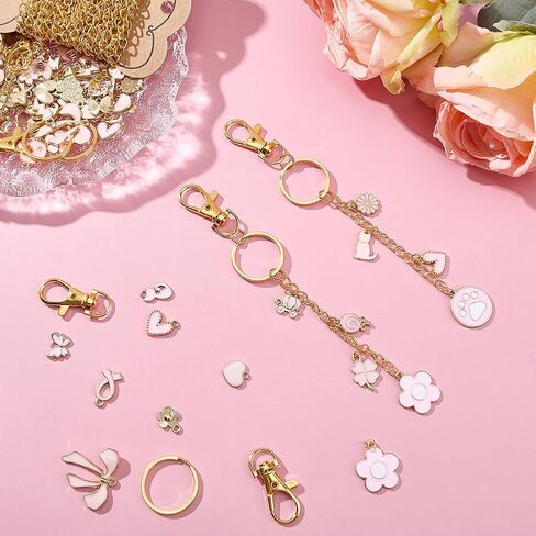 221Pcs Lip Gloss Keychain Making Kit 100 Pink Enamel Charms 16.4 Feet (5m) Gold Jewelry Chain with Key Ring Swivel Clasps for Women DIY Keychain Bag Charm Gift Accessories in Kuwait