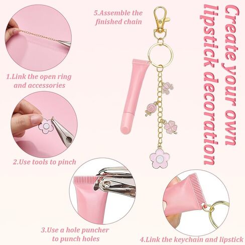 221Pcs Lip Gloss Keychain Making Kit 100 Pink Enamel Charms 16.4 Feet (5m) Gold Jewelry Chain with Key Ring Swivel Clasps for Women DIY Keychain Bag Charm Gift Accessories in Kuwait