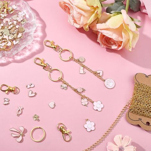 221Pcs Lip Gloss Keychain Making Kit 100 Pink Enamel Charms 16.4 Feet (5m) Gold Jewelry Chain with Key Ring Swivel Clasps for Women DIY Keychain Bag Charm Gift Accessories in Kuwait