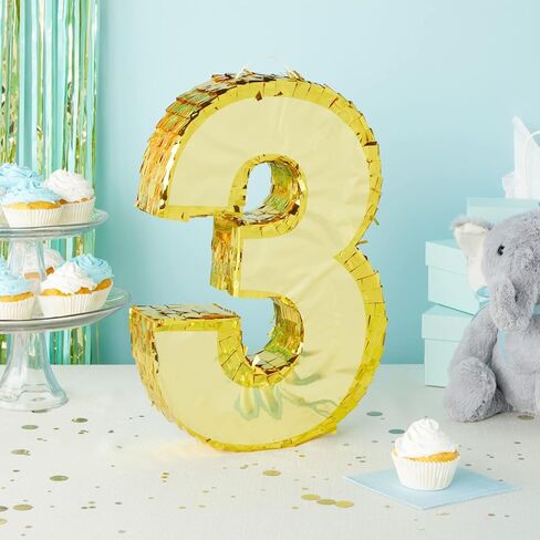 Juvale Gold Foil Number 3 Pinata - حامل حلوى وألعاب واسع بيناتا عيد الميلاد - ديكور حفلات قابل للتعليق - 11.1 × 2.9 × 16.1 بوصة، ورق، ذهبي in Kuwait