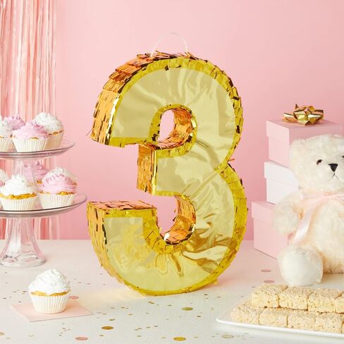 Juvale Gold Foil Number 3 Pinata - حامل حلوى وألعاب واسع بيناتا عيد الميلاد - ديكور حفلات قابل للتعليق - 11.1 × 2.9 × 16.1 بوصة، ورق، ذهبي in Kuwait