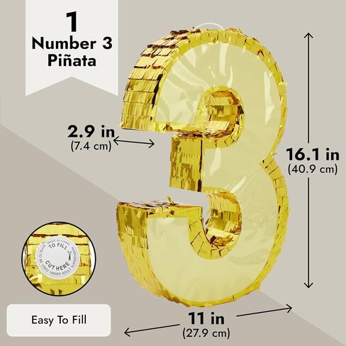 Juvale Gold Foil Number 3 Pinata - حامل حلوى وألعاب واسع بيناتا عيد الميلاد - ديكور حفلات قابل للتعليق - 11.1 × 2.9 × 16.1 بوصة، ورق، ذهبي in Kuwait