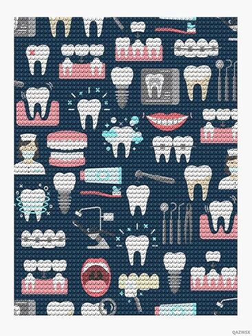 QAZWSX Cute Teeth Dental Seamless Pattern 5D Diamond Drawing Easy DIY Number Kits for Men Women, Tooth Full Drill Round Diamond Painting Kits for Home Wall Decor Christmas Gift 12x16in in Saudi Arabia