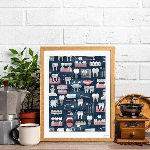 QAZWSX Cute Teeth Dental Seamless Pattern 5D Diamond Drawing Easy DIY Number Kits for Men Women, Tooth Full Drill Round Diamond Painting Kits for Home Wall Decor Christmas Gift 12x16in in Saudi Arabia