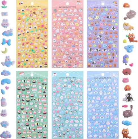 6 Sheets Mini Puffy Stickers, Cute Kawaii Small 3D Stickers for Adults, Removable Tiny Micro Sticker Includes Japanese Cartoon Animal for Phone Case Notebook Scrapbooking Craft Gift in Saudi Arabia