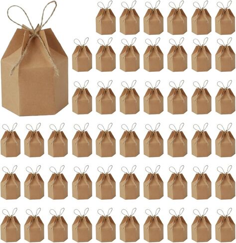 Odowalker 50 Pcs Lantern Hexagon Kraft Paper Package Box with Twine, Paper Candy Boxes, Gift Wrap Boxes for Birthday Wedding Christmas Part(Brown) in Saudi Arabia