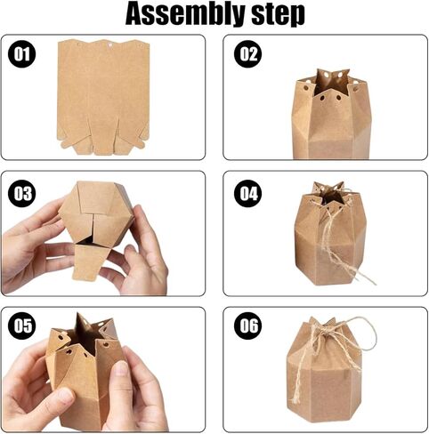 Odowalker 50 Pcs Lantern Hexagon Kraft Paper Package Box with Twine, Paper Candy Boxes, Gift Wrap Boxes for Birthday Wedding Christmas Part(Brown) in Saudi Arabia
