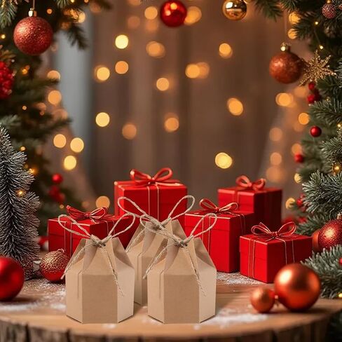 Odowalker 50 Pcs Lantern Hexagon Kraft Paper Package Box with Twine, Paper Candy Boxes, Gift Wrap Boxes for Birthday Wedding Christmas Part(Brown) in Saudi Arabia