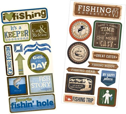 Fishing Scrapbook Sticker - Fish Scrapbooking Stickers with Lake, Gear Design - Outdoor Theme Embellishment for Boat, Hunting, Camping Inspired Planner, Journal, Album, Crafts - 2 Items Total in Saudi Arabia