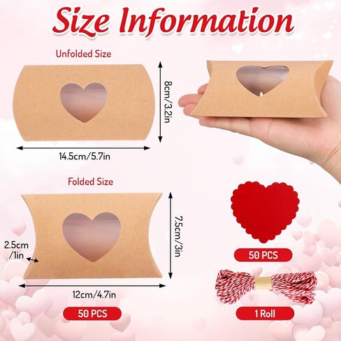 FYSUIMU 50Pcs Valentine' s Day Treat Boxes with Gift Tag Cotton Rope Paper Gift Container Kraft Pillow Box with Heart Shaped PVC Window for Wedding Birthday Sweets Chocolate in Saudi Arabia
