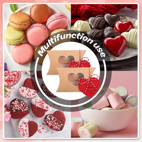 FYSUIMU 50Pcs Valentine' s Day Treat Boxes with Gift Tag Cotton Rope Paper Gift Container Kraft Pillow Box with Heart Shaped PVC Window for Wedding Birthday Sweets Chocolate in Saudi Arabia