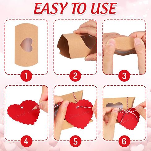 FYSUIMU 50Pcs Valentine' s Day Treat Boxes with Gift Tag Cotton Rope Paper Gift Container Kraft Pillow Box with Heart Shaped PVC Window for Wedding Birthday Sweets Chocolate in Saudi Arabia