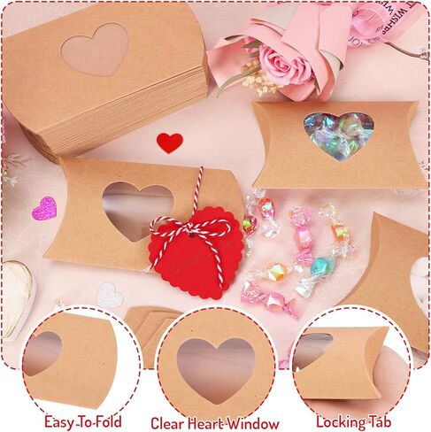 FYSUIMU 50Pcs Valentine' s Day Treat Boxes with Gift Tag Cotton Rope Paper Gift Container Kraft Pillow Box with Heart Shaped PVC Window for Wedding Birthday Sweets Chocolate in Saudi Arabia
