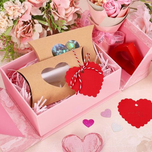 FYSUIMU 50Pcs Valentine' s Day Treat Boxes with Gift Tag Cotton Rope Paper Gift Container Kraft Pillow Box with Heart Shaped PVC Window for Wedding Birthday Sweets Chocolate in Saudi Arabia