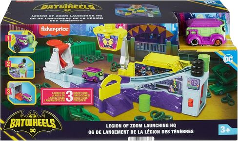 مجموعة لعب سيارة فيشر برايس DC Batwheels، مقر إطلاق Legion of Zoom مع منحدر وقاذف بالإضافة إلى مزحة The Joker Van، للأعمار من 3 سنوات فما فوق، HNP07 in Saudi Arabia