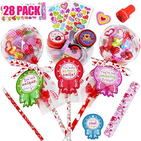 28 Pack Valentines Gifts for Kids - Giant Lollipop-Shaped Class Stationery Set with Cards, Bulk Valentines Classroom Gifts for School Exchange Prizes in Saudi Arabia