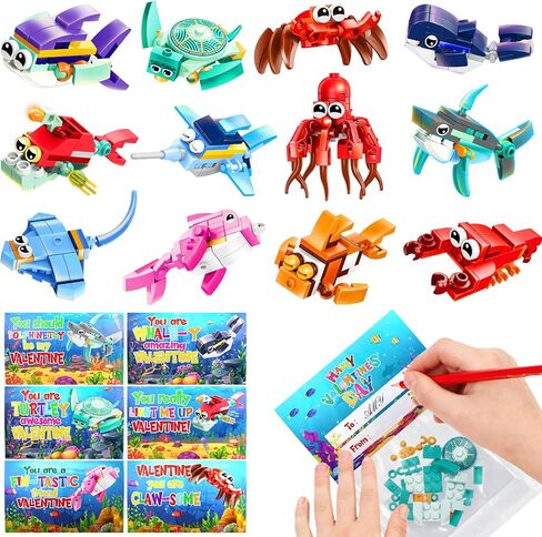 24PCS Marine Animal Building Blocks Toy Valentines Day Cards for Kids School Classroom Bulk Valentine Day Exchange Gifts Party Favor for Kids Classroom Prizes Goodie Bags Stuffers for Boy Girl Ages 6+ in Saudi Arabia