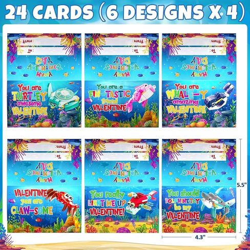24PCS Marine Animal Building Blocks Toy Valentines Day Cards for Kids School Classroom Bulk Valentine Day Exchange Gifts Party Favor for Kids Classroom Prizes Goodie Bags Stuffers for Boy Girl Ages 6+ in Saudi Arabia