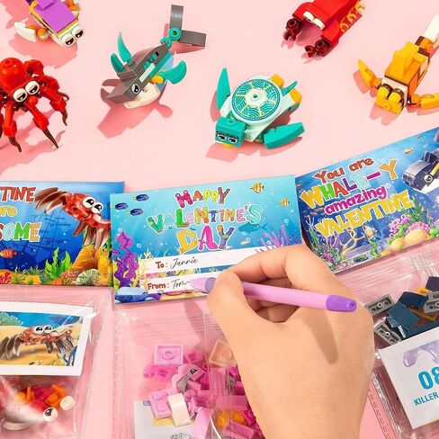 24PCS Marine Animal Building Blocks Toy Valentines Day Cards for Kids School Classroom Bulk Valentine Day Exchange Gifts Party Favor for Kids Classroom Prizes Goodie Bags Stuffers for Boy Girl Ages 6+ in Saudi Arabia