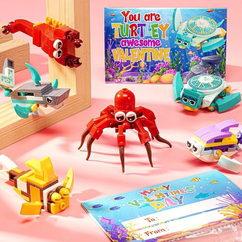 24PCS Marine Animal Building Blocks Toy Valentines Day Cards for Kids School Classroom Bulk Valentine Day Exchange Gifts Party Favor for Kids Classroom Prizes Goodie Bags Stuffers for Boy Girl Ages 6+ in Saudi Arabia