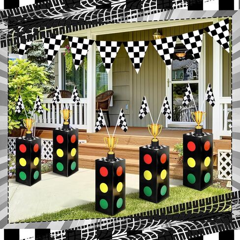 Race Car Birthday Party Decorations Set Traffic Light Boxes Racing Checkered Flags and Gold Trophy for Racing Car Theme Birthday Party Supplies Table Centerpiece Decorations(36 Pcs) in Saudi Arabia