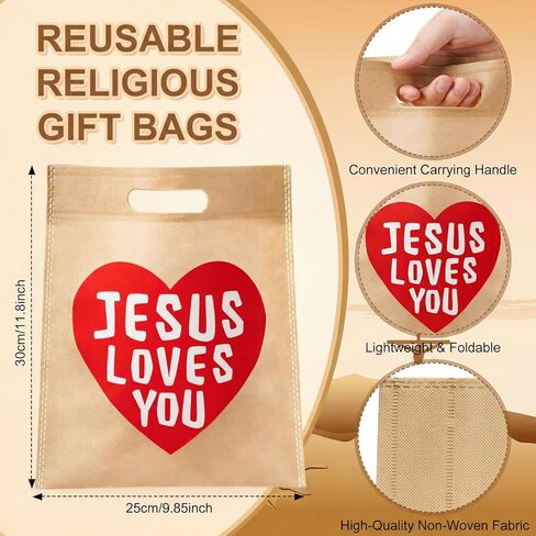 VitalCozy 24 Pcs 48 Pcs Jesus Loves You Bags Bulk Easter Reusable Non Woven Christian Religious Gift Bag with Handle Candy Tote (Light Brown) in Saudi Arabia
